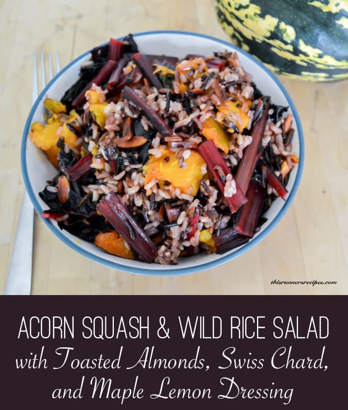 Warm Acorn Squash and Wild Rice Salad with Toasted Almonds, Swiss Chard, and Maple Lemon Dressing